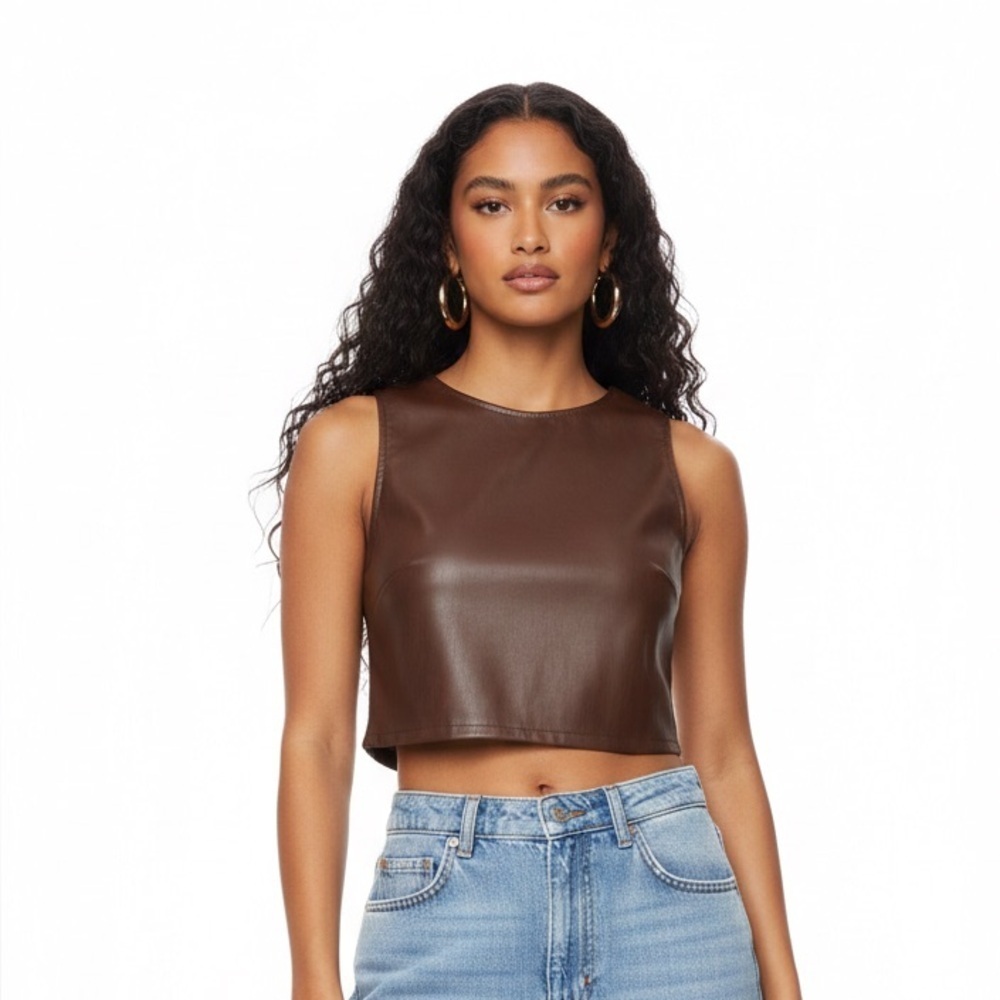 Kirious Los Angeles Faux Leather Crop Top Chocolate Edgy Chic Grunge Size L